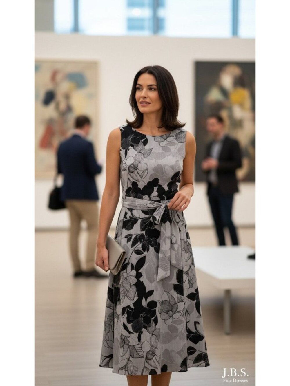 Floral Black & Gray Tea Length Dress Modern Modest Refined Romantic Elegant